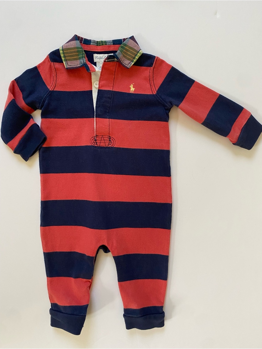 Polo Ralph Lauren Romper Size 6 Months Rugby Striped Plaid Collar Navy Blue Red